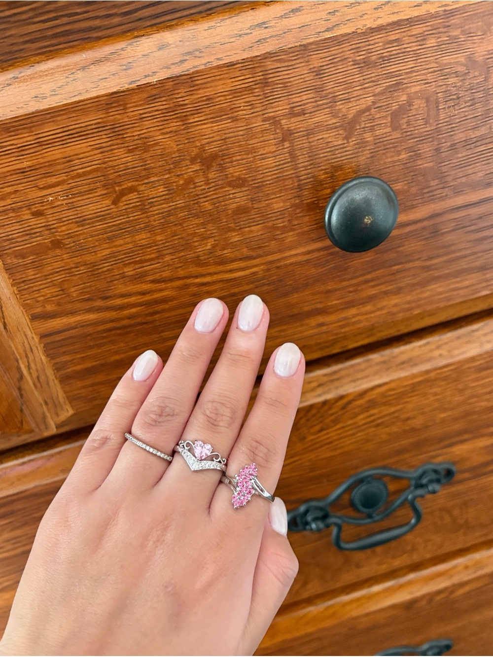 Silver Pink Crystal Heart and Crown Stackable Rings - Women Jewelry